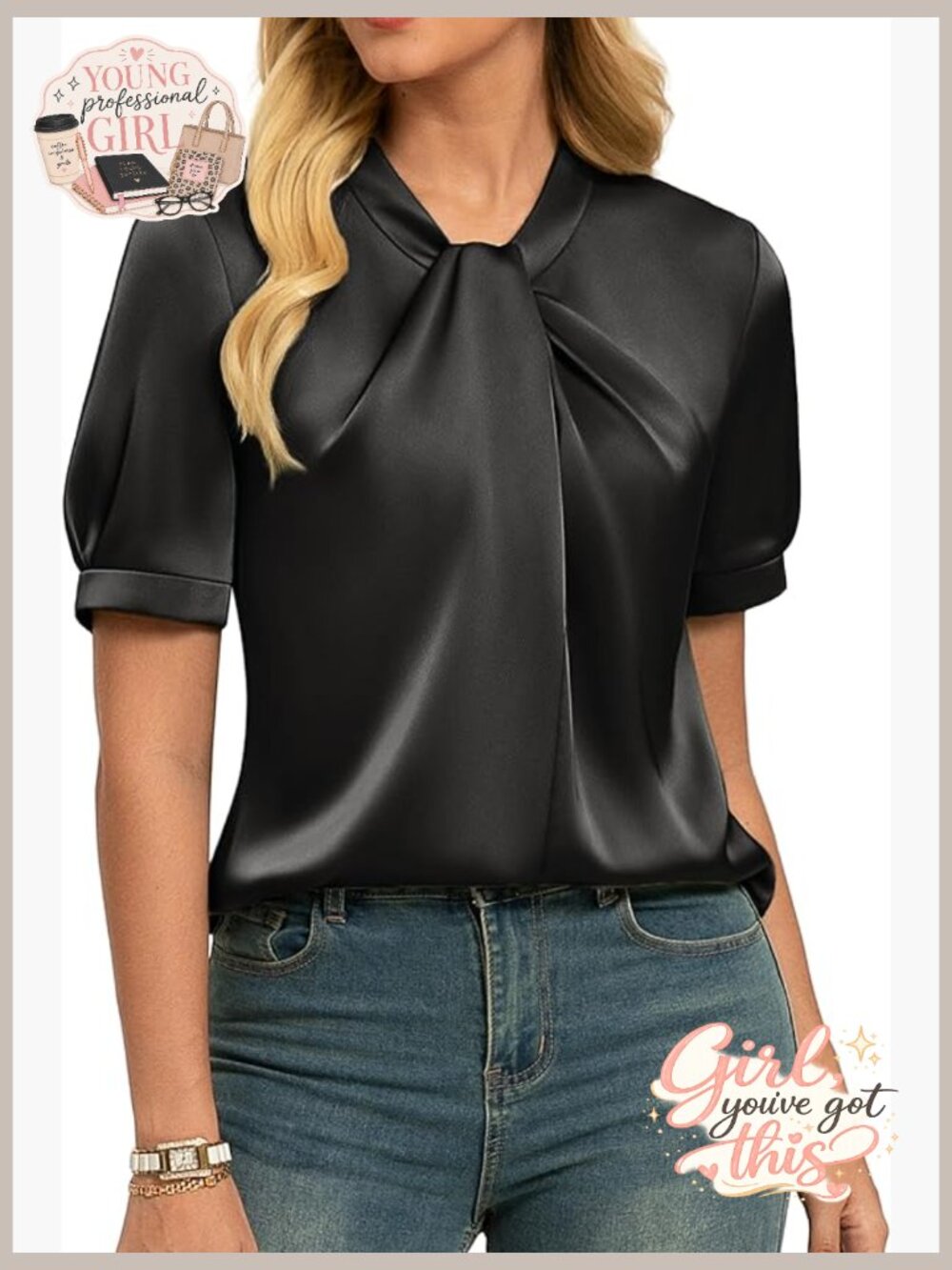 Women Satin Blouse Mock Neck Short Sleeve Work Tops Business Casual Silky